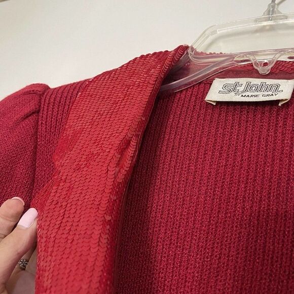 Sold🎉 vintage ST. John long sleeve wool knit sequin trim vneck blazer red dress - Picture 4 of 7